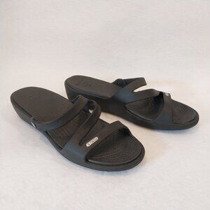 Crocs Patricia Black Sandals Womens 9 Slip-On Strappy Slides Wedge Heel Comfort,